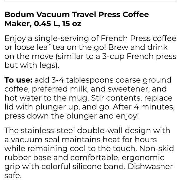 Bodum Stainless Steel Vacuum Travel French Press Coffee Maker - Picture 2 of 8